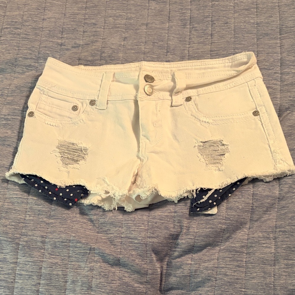 Rue21 White Distressed Denim Shorts with Navy Polka-Dot Pocket Trim